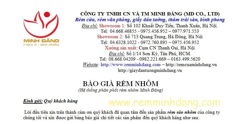 Báo giá rèm sáo nhôm Báo giá rèm sáo nhôm