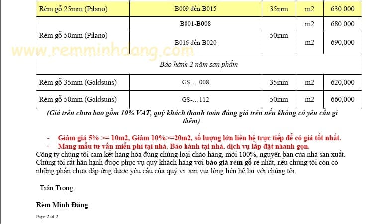 Báo giá màn rèm sáo gỗ