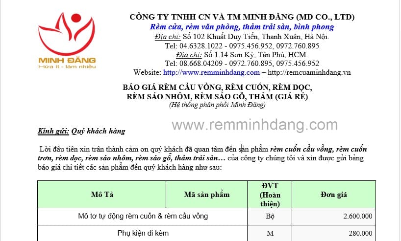 BÁO GIÁ RÈM CỬA
