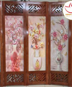 Bình phong khung gỗ tự nhiên nền in vải 3D tứ quý đẹp giá rẻ nhất hiện nay 04